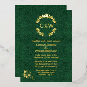 Invitación Con Relieve Metalizado Monograma en Corona Floral Damasco Verde Boda