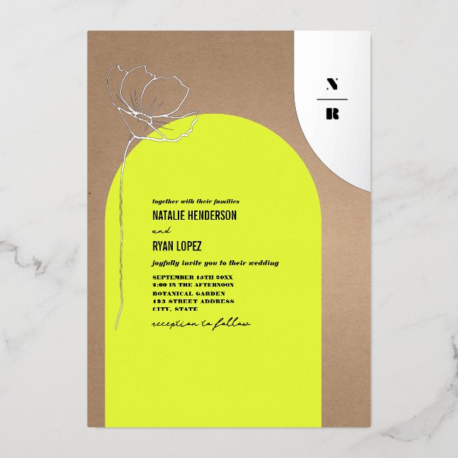 Invitación Con Relieve Metalizado Monograma floral Arch Neon (Anverso)
