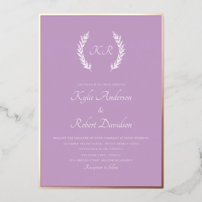 Invitación Con Relieve Metalizado Monograma floral minimal moderno lavanda oro rosa (Anverso)