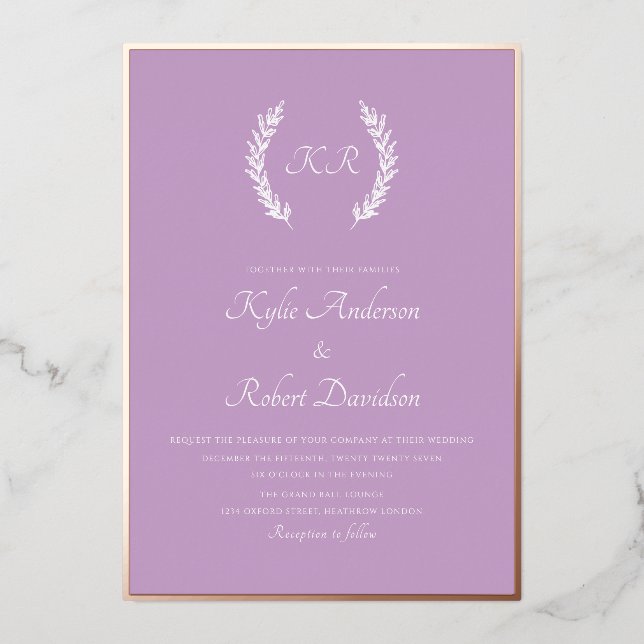 Invitación Con Relieve Metalizado Monograma floral minimalista moderno rosa lavanda  (Anverso)
