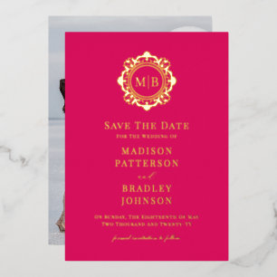 Invitación Con Relieve Metalizado Monograma Floral Ornamentado Foto Boda Guardar La 