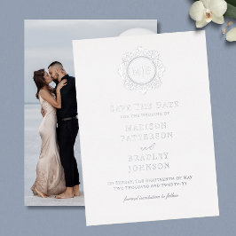 Invitación Con Relieve Metalizado Monograma Floral Ornamentado Foto Boda Guardar La 