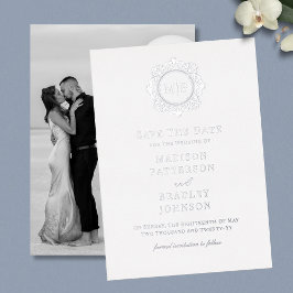 Invitación Con Relieve Metalizado Monograma Floral Ornamentado Foto de Boda Save The