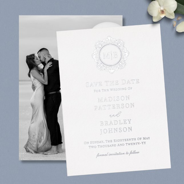 Invitación Con Relieve Metalizado Monograma Floral Ornamentado Foto de Boda Save The (Subido por el creador)