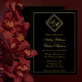 Invitación Con Relieve Metalizado Monograma Geométrico Moderno Minimalista Boda Negr