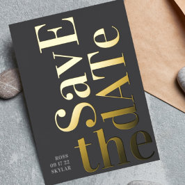 Invitación Con Relieve Metalizado Monograma Gris Moderno Dorado Save The Date