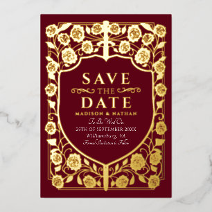 Invitación Con Relieve Metalizado Monograma medieval Escudo de espadas rojas Guardar