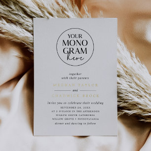 Invitación Con Relieve Metalizado Monograma MEGHAN Black White Gold Elegant Wedding