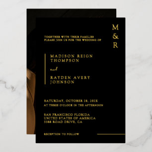 Invitación Con Relieve Metalizado Monograma minimalista Boda de fotografía negro oro