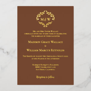Invitación Con Relieve Metalizado Monograma Mocha Marrón Dorado Cresta Lujosa Elegan