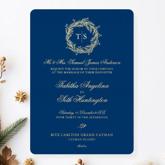 Invitación Con Relieve Metalizado Monograma moderno Boda azul dorado
