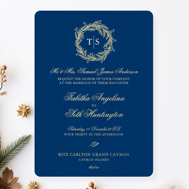 Invitación Con Relieve Metalizado Monograma moderno Boda azul dorado (Subido por el creador)