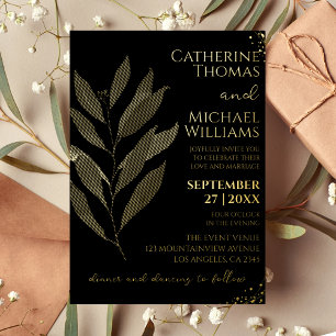 Invitación Con Relieve Metalizado Monograma moderno Boda de la hoja de oro negro