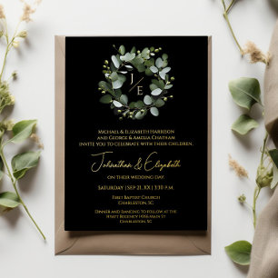 Invitación Con Relieve Metalizado Monograma moderno Eucalyptus Wreath Black
