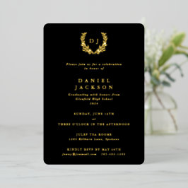 Invitación Con Relieve Metalizado Monograma negro clásico + graduación de la corona 