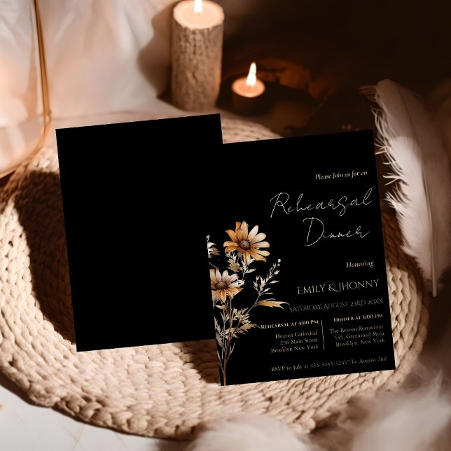 Invitación Con Relieve Metalizado Monograma negro Ensayo de flor silvestre Cena (Subido por el creador)