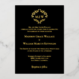 Invitación Con Relieve Metalizado Monograma Negro Oro Lujo Elegante Boda Escudo