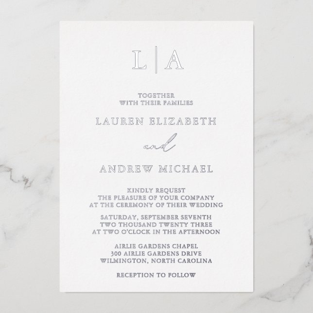 Invitación Con Relieve Metalizado Monograma Relieve metalizado plateado Boda Minimal (Anverso)