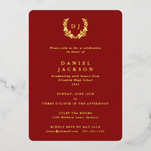 Invitación Con Relieve Metalizado Monograma Rojo + Graduación de Corona de Laurel