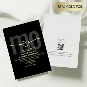 Invitación Con Relieve Metalizado Monograma romántico oro y Boda negro