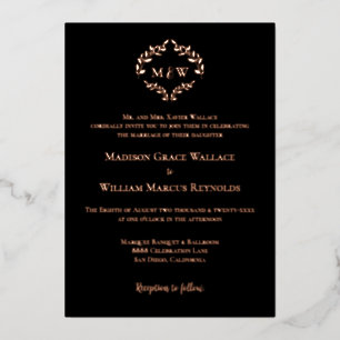 Invitación Con Relieve Metalizado Monograma Rosa Dorada Negra Cresta Lujosa Elegant