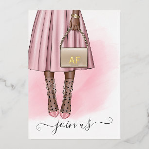 Invitación Con Relieve Metalizado Monograma rosa y dorado Moda Quinceañera