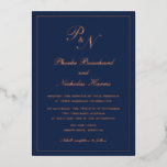 Invitación Con Relieve Metalizado Monograma simple Boda formal  azul Rosa oro<br><div class="desc">Invitación a una boda tradicional en Relieve metalizado azul marino y oro rosa con un diseño sencillo y clásico con sus dos primeros monogramas y sus nombres en una elegante caligrafía dentro de un delgado borde. Todos los elementos de diseño del frente están impresos en Relieve metalizado real. Esta invitación...</div>