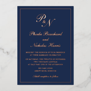 Invitación Con Relieve Metalizado Monograma simple Boda formal  azul Rosa oro