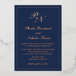 Invitación Con Relieve Metalizado Monograma simple Boda formal  azul Rosa oro