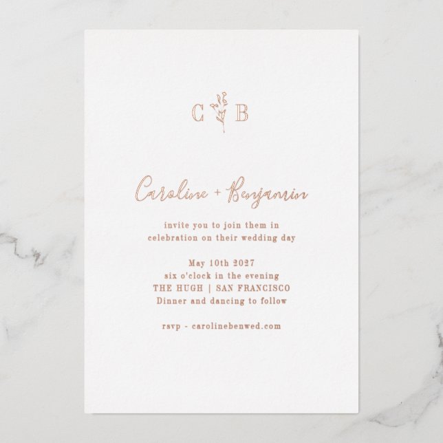 Invitación Con Relieve Metalizado Monograma simple Boho Boda Rosa Oro (Anverso)