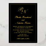 Invitación Con Relieve Metalizado Monograma tradicional Boda negro formal oro<br><div class="desc">Invitación a una boda tradicional en Relieve metalizado negro y dorado, con un diseño sencillo y clásico, con su monograma inicial y sus nombres en una caligrafía elegante dentro de un borde delgado. Todos los elementos de diseño del frente están impresos en Relieve metalizado real. Esta invitación de bodas de...</div>