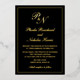 Invitación Con Relieve Metalizado Monograma tradicional Boda negro formal oro