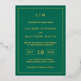Invitación Con Relieve Metalizado Monograma verde esmeralda simple matrimonio elegan