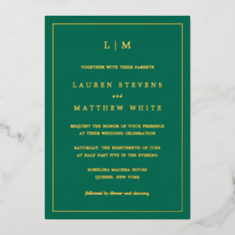 Invitación Con Relieve Metalizado Monograma verde esmeralda simple matrimonio elegan