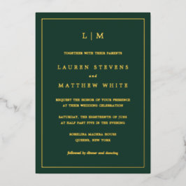Invitación Con Relieve Metalizado Monograma verde forestal simple matrimonio elegant