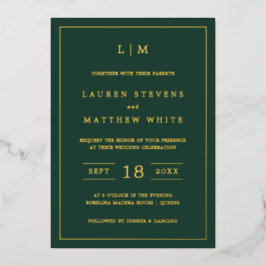 Invitación Con Relieve Metalizado Monograma verde forestal simple matrimonio elegant