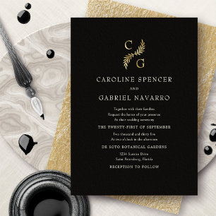 Invitación Con Relieve Metalizado Monograma Verde Laurel Boda