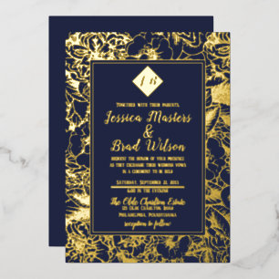 Invitación Con Relieve Metalizado Monograma Vintage Boda Floral Azul Oro