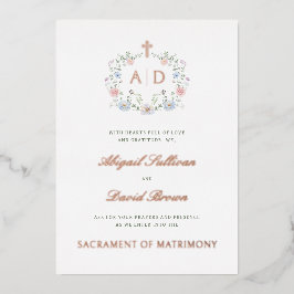 Invitación Con Relieve Metalizado Monogramas de Marco Floral Boda Católica