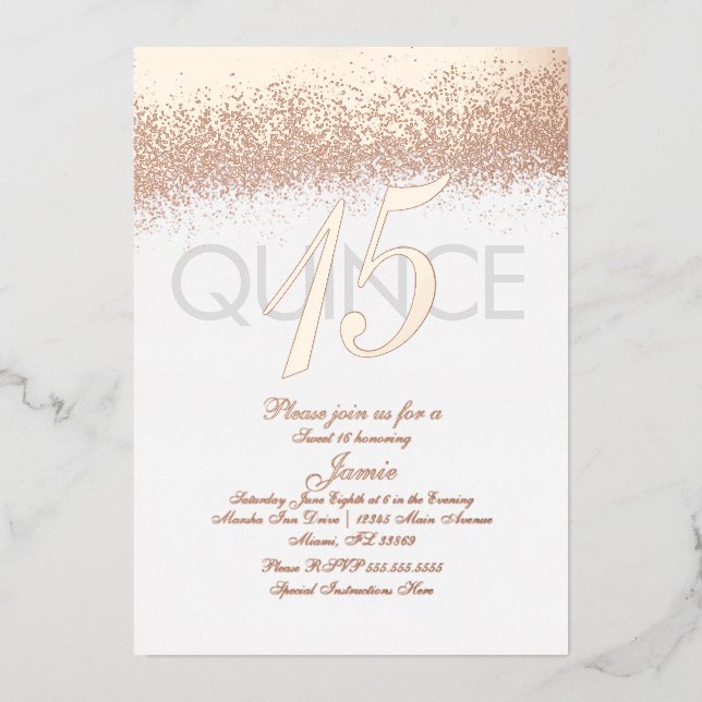 Invitación Con Relieve Metalizado Monogramed Quince Gold Pressed Purpurina (Anverso)