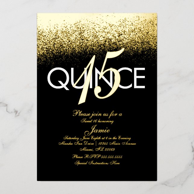 Invitación Con Relieve Metalizado Monogrammed Quince Pressed Purpurina Gold (Anverso)