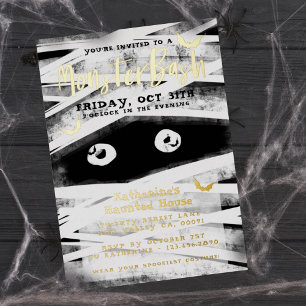 Invitación Con Relieve Metalizado Monster Bash Fiesta de Halloween de la Momia en