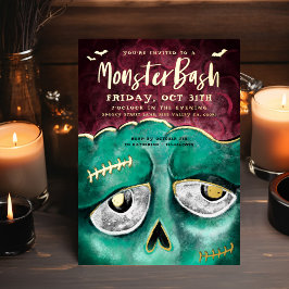 Invitación Con Relieve Metalizado Monster Bash Fun Fun Spookie Zombie Halloween Part