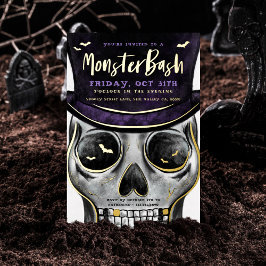 Invitación Con Relieve Metalizado Monster Bash Spooky Skeleton Halloween Party