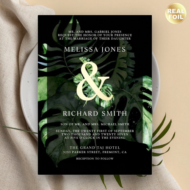 Invitación Con Relieve Metalizado Monstera Tropical Palm Boda Negro Oro (Subido por el creador)