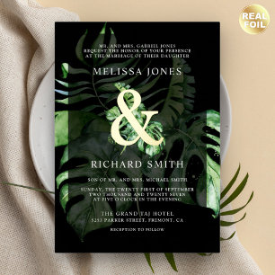 Invitación Con Relieve Metalizado Monstera Tropical Palma Negra Boda Gold