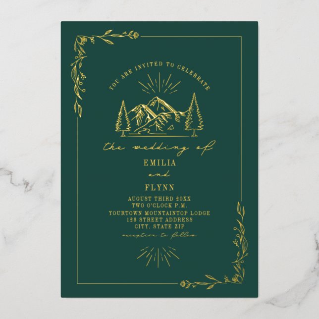 Invitación Con Relieve Metalizado Montañas Boda Esmeralda (Anverso)