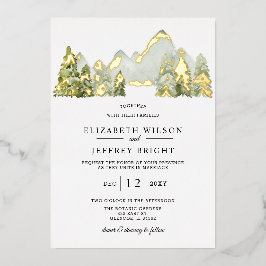 Invitación Con Relieve Metalizado Montañas de acuarela rústica Boda de Invierno de P