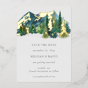 Invitación Con Relieve Metalizado Montañas de acuarela rústica de pino Save The Date