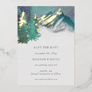 Invitación Con Relieve Metalizado Montañas de acuarela rústica de pino Save The Date